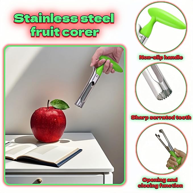 Apple Corer, Stainless Steel Apple Corer and Divider with Sharp Serrated Blade – Easy to Use – Core Remover Tool for Apples, Pears, Cupcakes – Heavy-Duty Kitchen Gadget for Baking, Cooking (Green)