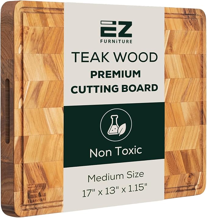 EZ FURNITURE Medium (M) Teak Herringbone Wood Premium Cutting & Serving Board, Knife Friendly, Juice Groove & Handles, Pre-Oiled with Food-Grade Mineral Oil, Non-Toxic (17" x 13" x 1.15", 6.39 lbs)