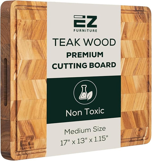 EZ FURNITURE Medium (M) Teak Herringbone Wood Premium Cutting & Serving Board, Knife Friendly, Juice Groove & Handles, Pre-Oiled with Food-Grade Mineral Oil, Non-Toxic (17" x 13" x 1.15", 6.39 lbs)