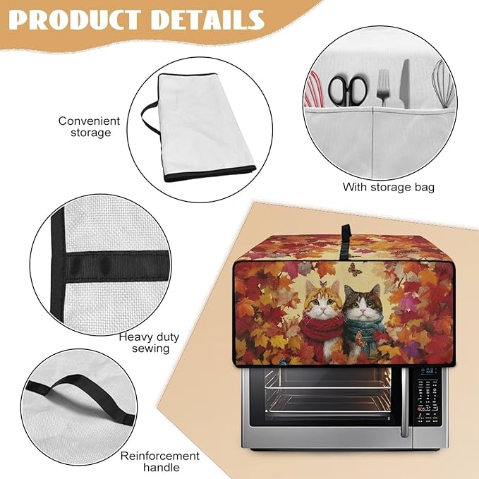Doojoayie Cute Cat Toaster Cover 4 Slice Dust-Proof Toaster Oven Cover Stain Resistant Bread Machine Covers with Autumn Leaf Print Thanksgiving Home Kitchen Decoration