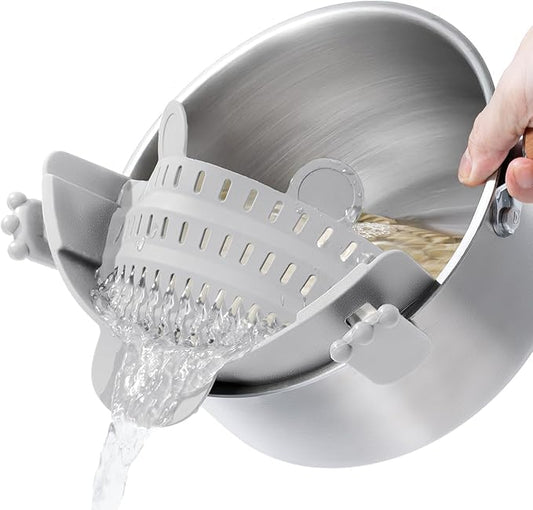 Clip On Strainer Silicone for All Pots and Pans, Pasta Strainer Clip on Food Strainer for Meat Vegetables Fruit Silicone Kitchen Colander
