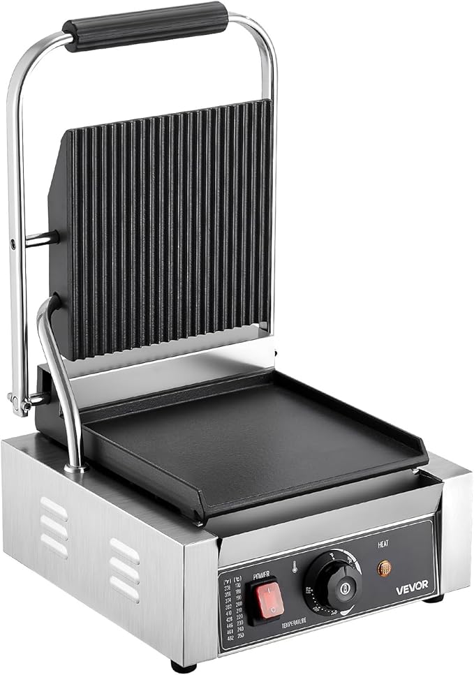 VEVOR Commercial Panini Grill, 1800W Electric Sandwich Panini Maker, Stainless Steel Sandwichs Press Grill with Handle and Temp Control, 8.8x9 in Flat Enamel Plate, for Hamburger Steak Bacon