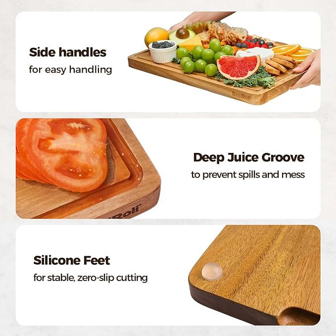 RosiRoli Acacia Wood Cutting Board for Kitchen - 13"x10" Everyday Chopping Board with Handles and Juice Grooves, Soild Wood Serving Tray for Cheese & Meat, Ideal Gift for Housewarming & Christmas