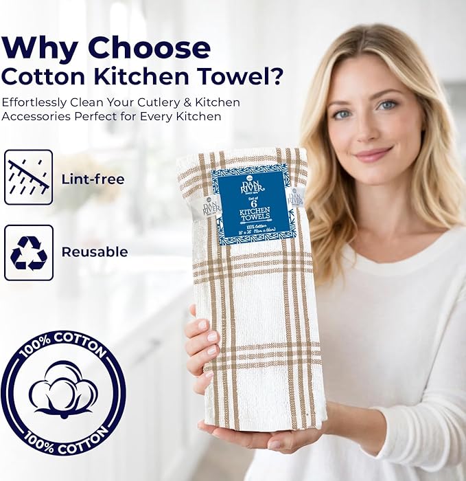 DAN RIVER Premium Kitchen Towels - [Pack of 6] 100% Cotton (16x 26 Inches) -Super Soft,Highly Absorbent, Quick Dry, Dish Towels for Kitchen Towels -Tan