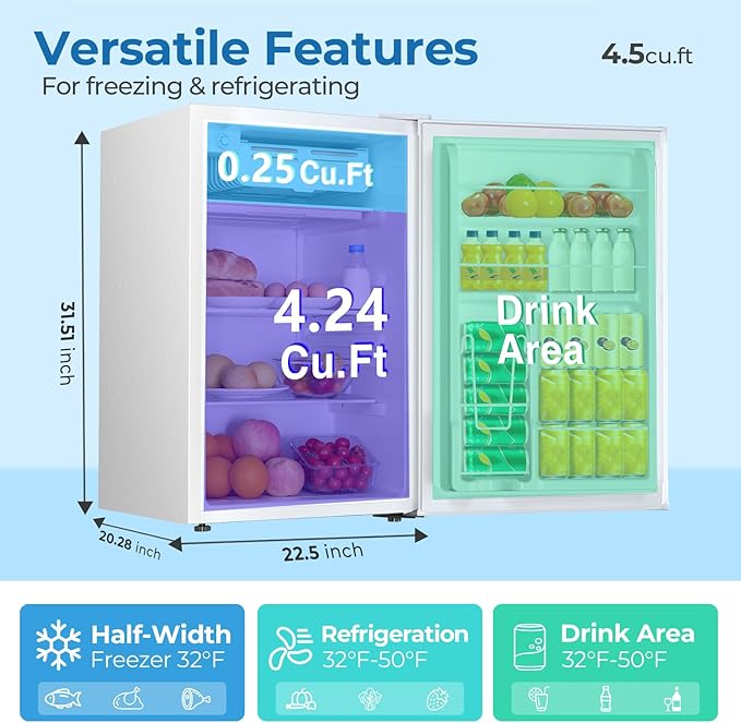 4.5 Cu.ft Mini Fridge with Freezer, Compact Refrigerator with Reversible Single Door, Adjustable Thermostat, Low Noise, Energy Efficient for Office, Dorm, Bedroom, Apartment White