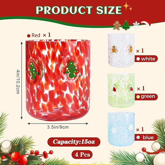 4 PCS 14 Ounce Christmas Icon Juice Glasses,Christmas Drinking Cups,Four Colors and Patterns,Strong and Durable Glasses Are The Great Gifts for Friends!