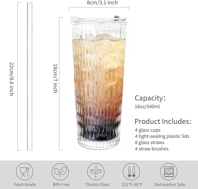 Puraville 4 Pack 18oz Glass Cups with Lids and Straws, Vintage Pattern Thickened Glassware for Whiskey Cocktail Beer, Mason Jar Drinking Glasses Tumbler Iced Coffee Cup, Clear