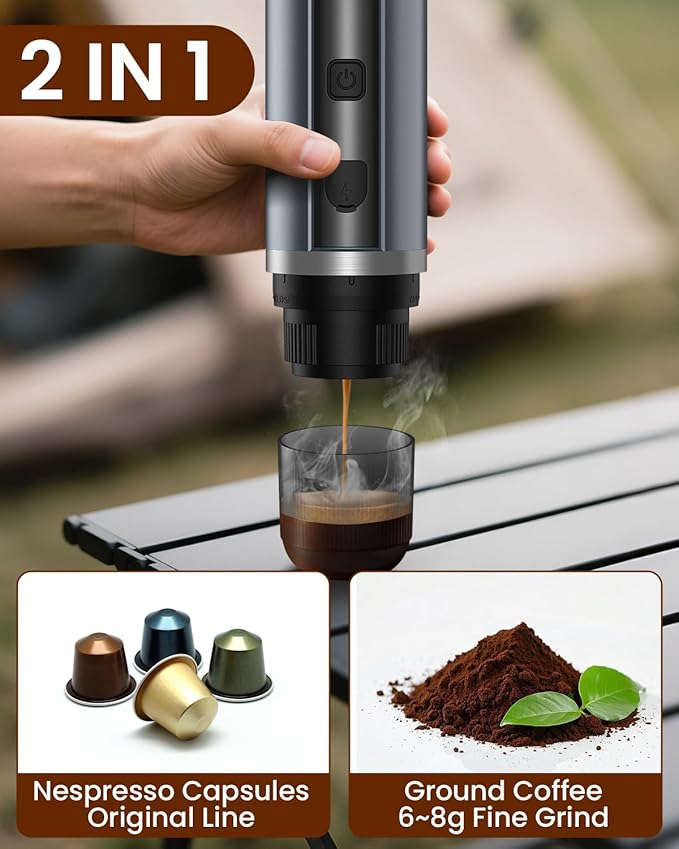 Amjdcoe Portable Espresso Maker, 20 Bar Electric Espresso Machine for Travel, Camping, Rechargeable USB-C Mini Coffee Maker for NS Capsule Pods and Ground Coffee, Gray