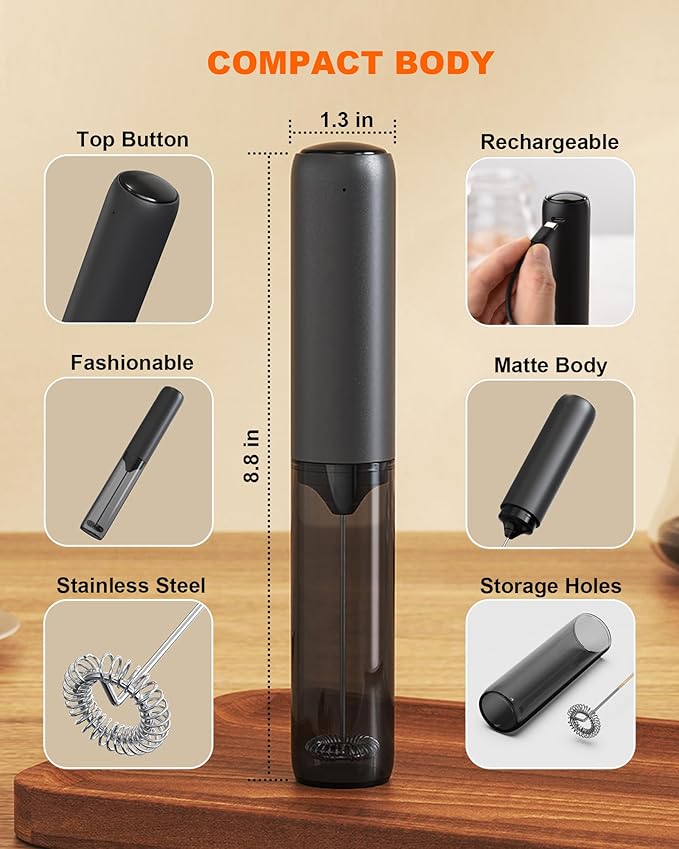 Soenglyun Rechargeable Milk Frother with Cover, Easy to Carry Drink Mixer Handheld, Electric Frother Wand for Coffee, Latte, Cappuccino, Frappe Drink, Hot Chocolate, Black
