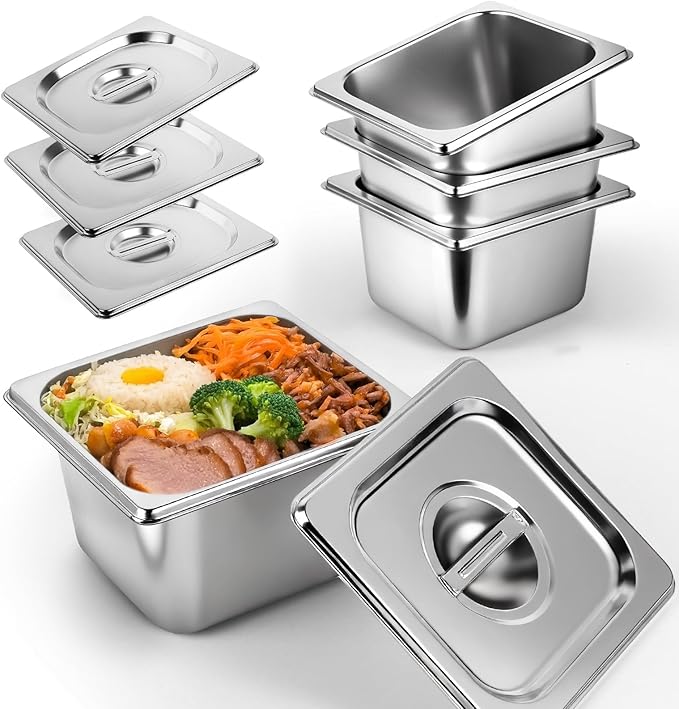 West Bay 4 Pack 1/6 Size Hotel Pan with Lids, 4'' Deep Steam Table Pan with Lid, 7''L x 6.5''W Stainless Steel Pans for Home, Party, Hotel, Buffet
