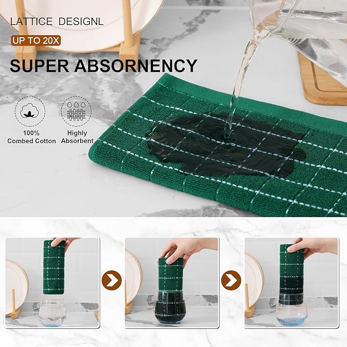 Mordimy 100% Cotton Terry Cloth Kitchen Towels, Super Soft and Absorbent Dish Towels for Drying, Checkered Designed Hand Towels for Kitchen, 16 x 26 Inches, 6 Pack, Dark Green