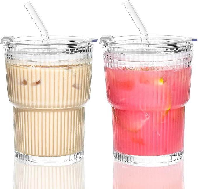 13 oz Glass Cups with Lids and Straws Ribbed Drinking Glasses Cup Leak Proof Iced Coffee Glass Tumbler Set of 2 for Soda Smoothie Juice(Clear*2)