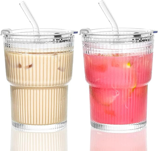 13 oz Glass Cups with Lids and Straws Ribbed Drinking Glasses Cup Leak Proof Iced Coffee Glass Tumbler Set of 2 for Soda Smoothie Juice(Clear*2)