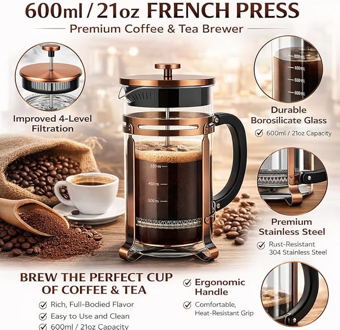 French Press Coffee Maker 21 oz, 304 Stainless Steel 4 Mesh Filter, Borosilicate Glass, Heat-Resistant, BPA-Free, Ideal for Home, Office & Gift