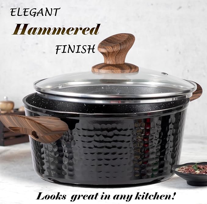 Kitchen Academy Pots and Pans Set Non Stick - 15 Pcs Black Induction Kitchen Cookware Sets, Healthy Non-toxic Hammered Cooking Pans Set