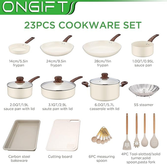 23 Pcs Pots and Pans Set Nonstick, Kitchen Cookware Sets, with Frying Pan, Saucepan, Saute Pan, Lightweight Cooking Set with Stay-Cool Wood Print Handles, NO PFAS and PFOA, Dark Wood