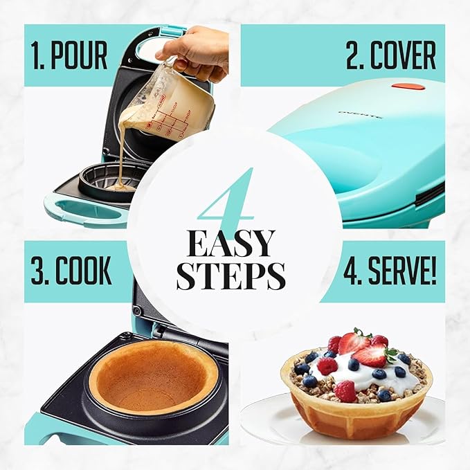 OVENTE Electric Waffle Bowl Maker for Breakfast with Non-Stick Coating, 520W Power, Indicator Light and Cool Touch Handle, Perfect for Homemade Ice Cream Cups & Delicious Desserts, Turquoise WMB2405BL