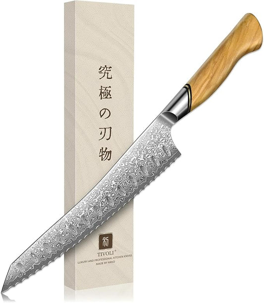 TIVOLI Bread Knife – Damascus VG-10 Serrated Knife with Razor Sharp Edge for Homemade Bread, Sourdough & Cake – Ergonomic Olive Wood Handle, Gift Box for Baking & Wedding Gifts