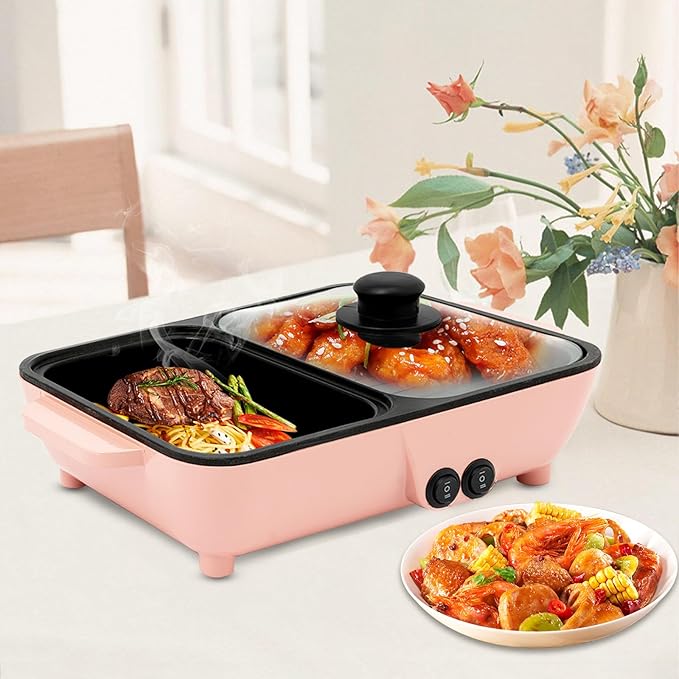 Hot Pot Electric with Grill 2 in 1 Indoor Non-Stick Shabu Pot and Frying Pan 1200W Portable Dual Temperature Control Fast Heating for BBQ, Steaks (Pink)