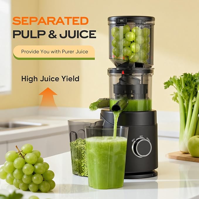 Juicer Machines, Cold Press Juicer with Wide Chute, 150 Watts Slow Masticating Juicers, High Juice Yield for Leafy Greens, Fruits & Vegetables, Easy to Clean