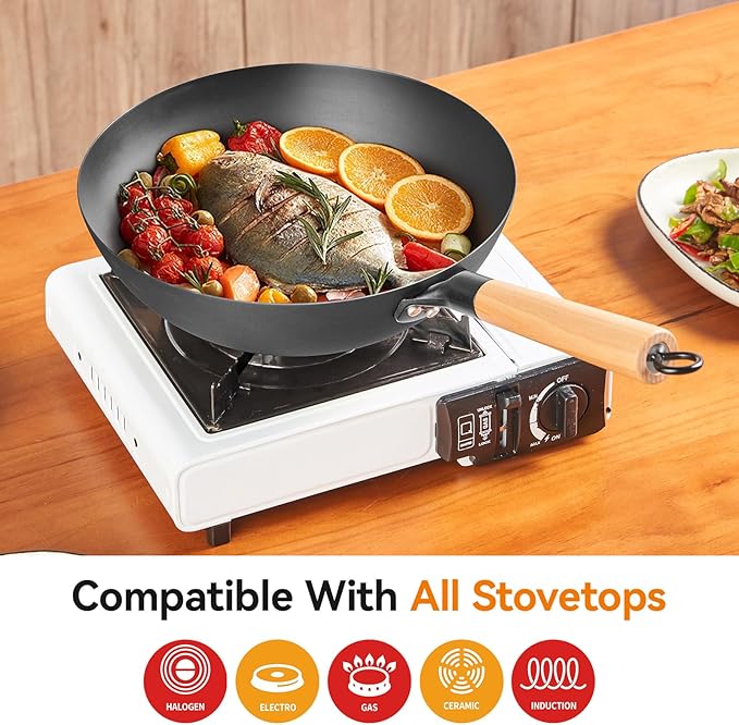 VIVIDCOOKWARE 11.8 Inch Carbon Steel Wok, Flat Bottom Stir Fry Pan with Glass Lid, Uncoated High-Purity Iron Wok for Family Meals, Compatible with Gas, Electric & Induction Cooktops
