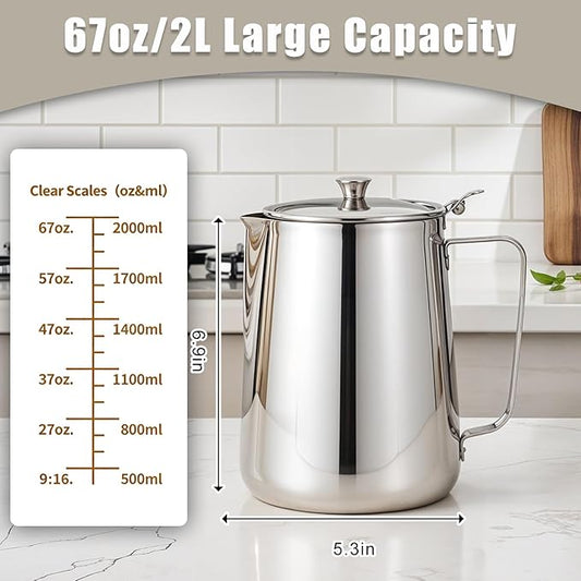 67 oz 304 Stainless Steel Pitcher with Lid, 2 L Large Mouth Graduated Beakers, Large Metal Measuring Cup with Handle, Milk Frothing Jug for Latte Art, Espresso Machines, Iced Tea