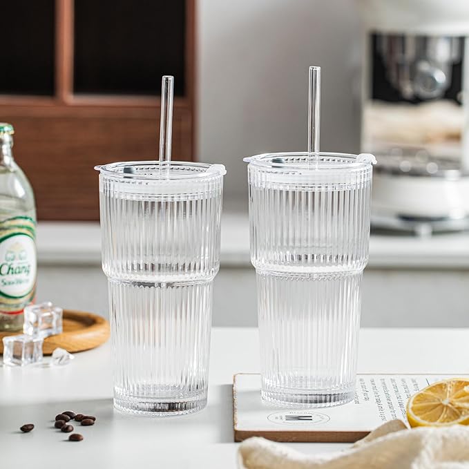 INSETLAN 20 oz Ribbed Glass Tumblers with Lids and Glass Straws – 6-Piece Glassware Set, Thickened Wall, Ideal for Iced Coffee, Smoothies, Cocktails, and Juices – Elegant and Durable Drinkware