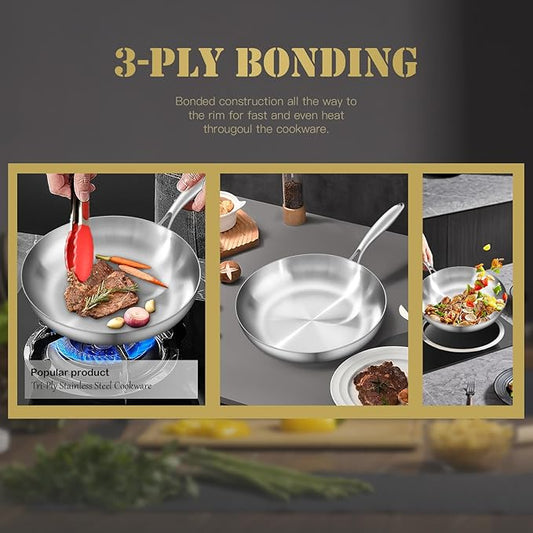 GIUOIDUO 12 Inch Tri-Ply Stainless Steel Frying Pan, Skillet, pan, Induction Cooking Pan, Dishwasher and Oven Safe, Fast & Even Heat, Heavy Duty and Detachable Handle，Fried steak&fried eggs