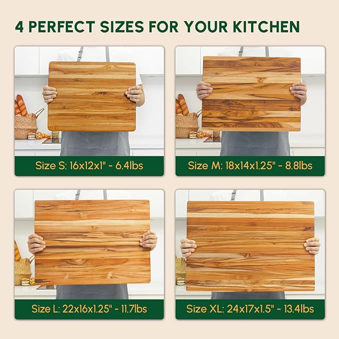 BEEFURNI Teak Wood Cutting Board with Hand Grip (L, 22x16x1.25"), Large Wooden Cutting Boards for Kitchen, Chopping Board Wood, Butcher Block, Charcuterie Board, Christmas Gifts, 1-Year Warranty