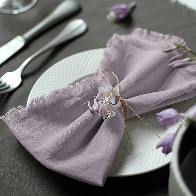 Handmade Cloth Napkins 100% Cotton Napkins with Fringe，Delicate Handmade Cloth Napkins for Dinners, Parties, Weddings and More，18 x 18 Inch Set of 12 - Lavender