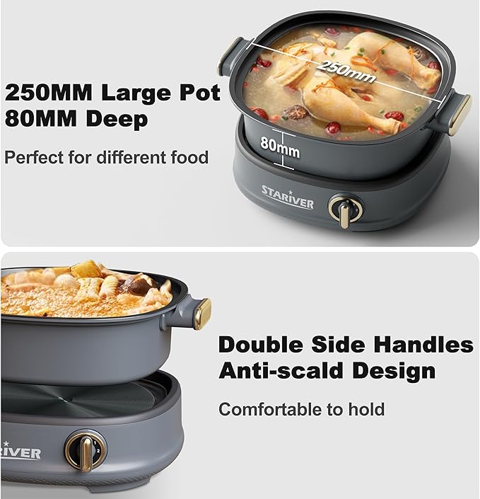 Stariver 3L Non-Stick Hot Pot Electric with Dual-Power Control,Electric Shabu Shabu Pot with Removable Pot, Electric Pot with Tempered Glass Lid for Party, Family Gathering（Golden）