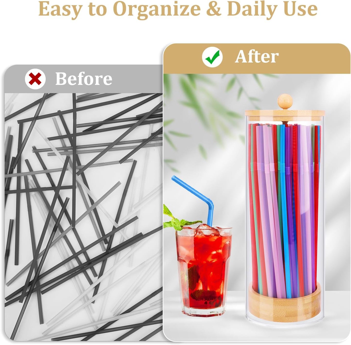 JYPS 10-Inch Acrylic Straw Dispenser with Bamboo Lid with 100 Colorful Straws, Transparent Counter Container Countertop Organizer for Kitchen, Office,Cabinet Storage, Holds Pencils, Cutlery