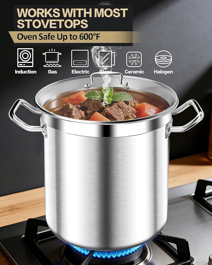 STOCKPOT Stainless Steel Stock Pot with Lid – 24 Quart (6 Gallon) Heavy-Duty Cooking Pot for Soup, Stew, Pasta – Commercial & Home Use, Easy to Clean