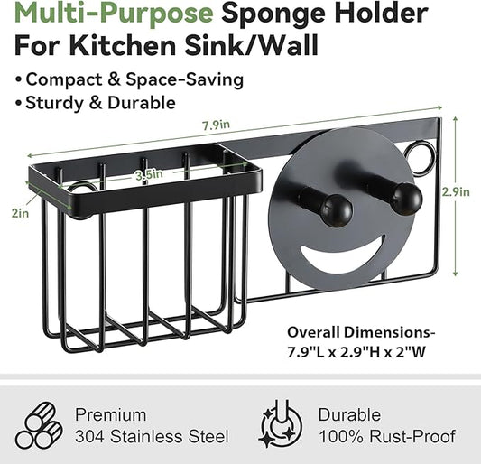 [Slim & Space-saving] Sponge Holder for Kitchen Sink, Sponge Caddy for Scrub Daddy / Scrub Mommy Smiley Face, Sink Organizer Accessories for Dish Brush, Scrubber -with 2 Suction Cups & 1 Adhesive Hook