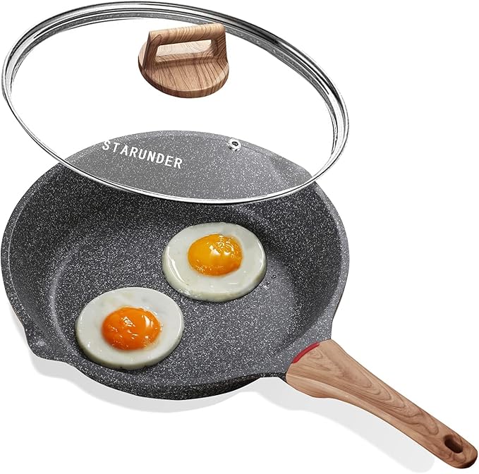Starunder Induction Nonstick Skillet Frying Pan With Lid,Swiss Granite Omelette Pan, Scratch-Resistant Safe Cookware Set，PFOA Free(8 inch)