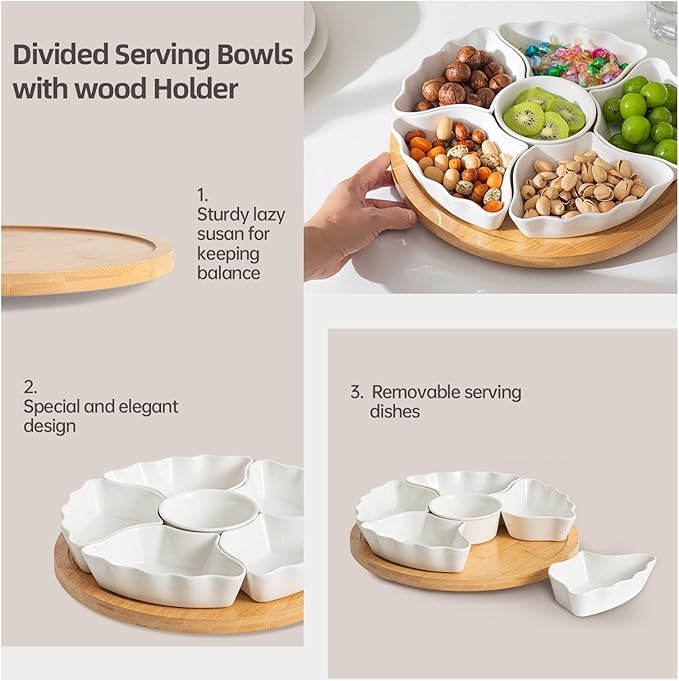 Porcelain Divided Serving Dishes, Relish Tray, 12'' Serving Tray and Platter with 6 Removable Compartment, for Party, Kitchen Decor, for Chips and Dip, Fruits, and Condiment