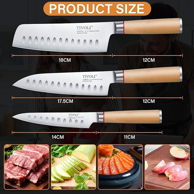 TIVOLI 3 PCS Kitchen Knife Set, High Carbon Stainless Steel Cutlery Knife Set, Ergonomic Wood Handle, Professional Chef Knife Set Gifts For Cooks, Beige