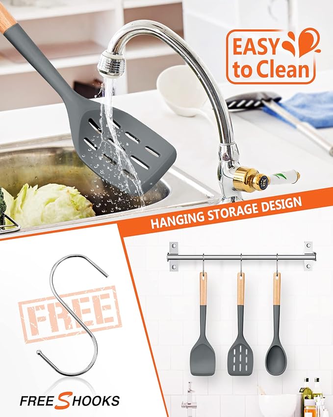 Pack of 3 Silicone Spatula, Non Stick Cooking Utensil Set, Wooden Handle Kitchen Turner for Baking Mixing Grilling Serving Food Heat Resistant, Grey