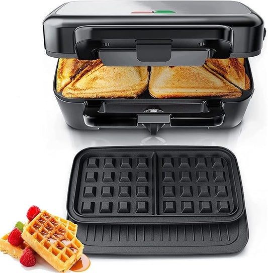 FOHERE Sandwich Maker 3 In 1 Waffle Maker With Removable Plates,1200W Grilled Cheese Maker, 5-gear Temperature Control, Non-stick Coating Easy to Clean, Indicator Lights, Silver/Black