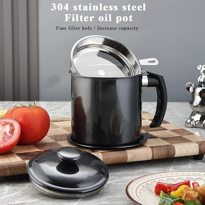 Berglander Black Bacon Grease Container With Strainer 47oz/1.4L, Stainless Steel Oil Storage Container with Fine Mesh Strainer Dust-proof for Storing Frying Oil and Cooking Fat, Cooker Accessories