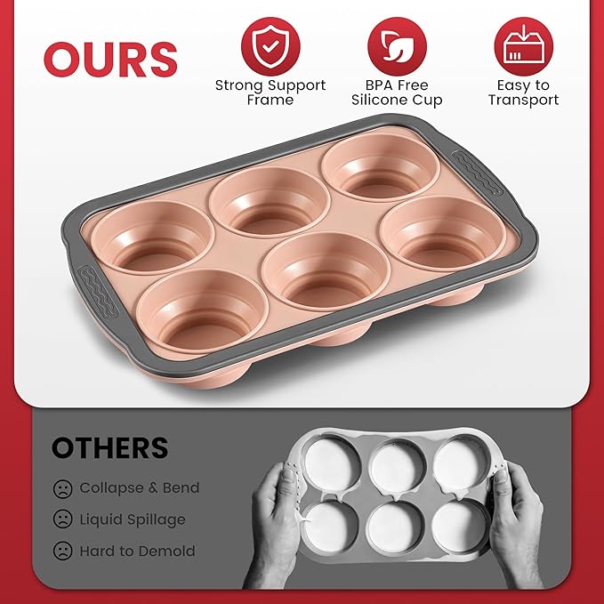HE-SANQI Silicone Muffin Pan - 6 Cups Regular Size Cupcake Pan Egg Bite Molds Muffin Pans for Baking - Nonstick, Easy to Pop, Bakeware for Oven Dishwasher Safe, BPA Free (6-Cups Pink)