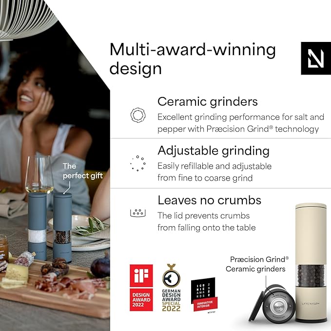 LARS NYSØM Salt and Pepper Grinder Set Manual, Stainless Steel Salt and Pepper Mills with Adjustable Ceramic Grinder I Design Spice Shakers (Black/Beige)