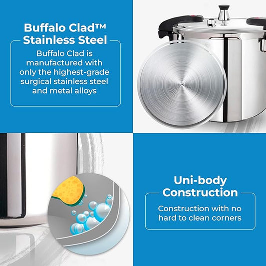 Buffalo 15 Quart Pressure Cooker Stainless Steel - Large Canning Pot with Lid for Home, Commercial Use - Easy to Clean Induction Stove Top Pressure Canner, Can Cooker - SG Certificate QCP415