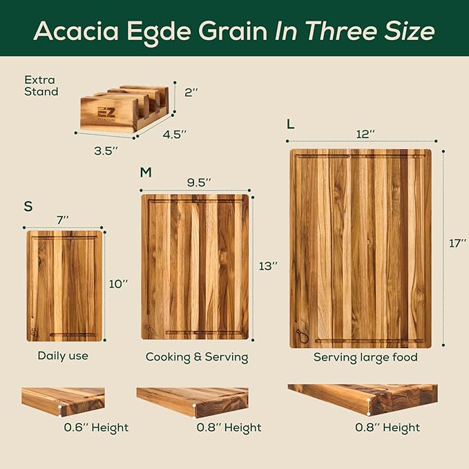 EZ FURNITURE 3-Piece Acacia Wood Premium Cutting Board Set with Extra Stand, Pre-Oiled Edge Grain with Juice Groove & Handles, Non-Slip Feet, Suitable for Meat & Vegetables, Non-Toxic