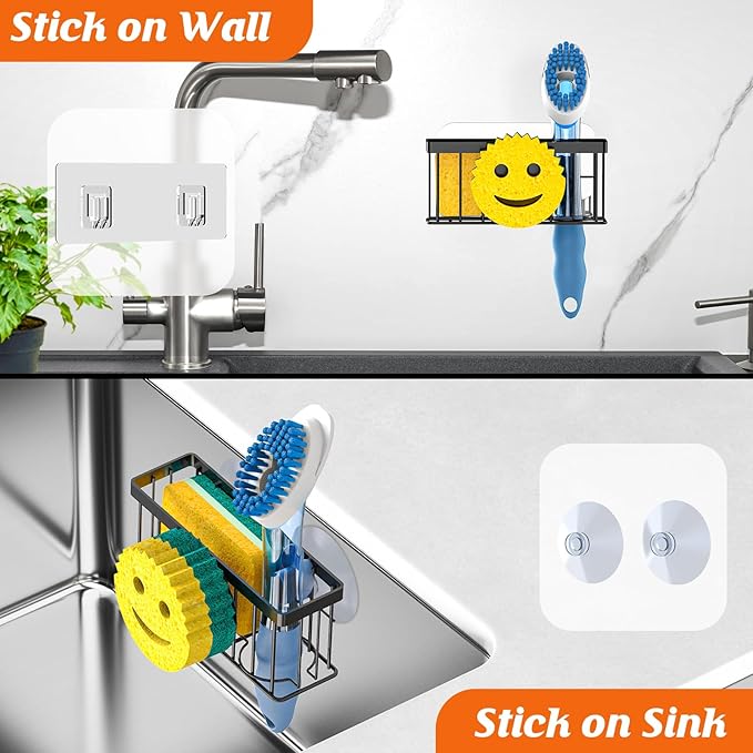 Sponge Holder Smiley Face, Caddy for kitchen Sink, Kitchen Organizer Sponge Holder with 2 PCS Suction Cups/1 PCS Adhesive Strips, Designed for Sponge, Soap, Dish brush, Scrubber-Black