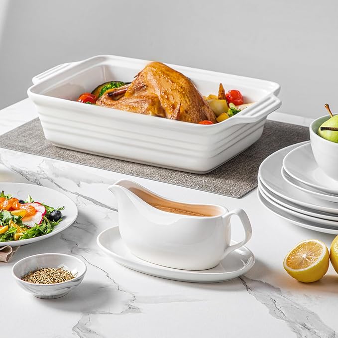 MALACASA 14 oz Gravy Boat with Saucer Stand, Porcelain Sauce Boat with Tray for Salad Dressings, Creamer, Broth, Milk, Ergonomic Handle, Microwave & Dishwasher Safe (White)