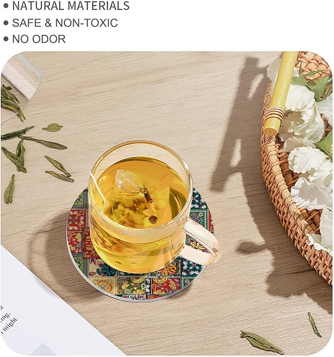 Round-4PCS Floral Drink Coasters, Round Modern Ceramic Absorbent Coasters, Abstract Perris Flower Nature Plant Colorful Boho Floral Decor Desk Coffee Table Coaster for Beverage Cup Tea Coasters