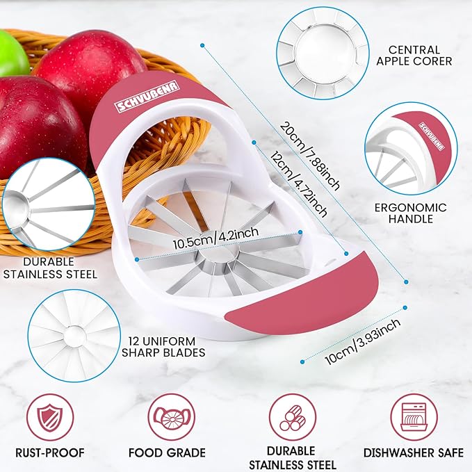 SCHVUBENR Large Apple Corer and Slicer - 4.72 Inch Apple Cutter Slicer with 12 Blades - Stainless Steel Apple Slicer - Sharp Apple Corer Tool - Anti-Slip Grip, Easy to Use & Dishwasher Safe - Pink