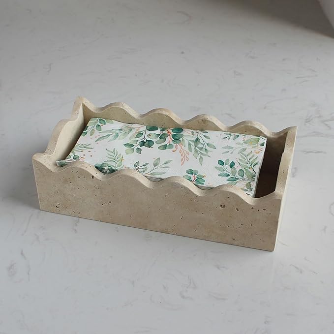 Natural Travertine Guest Towel Holder 9.8" × 4.9" for Bathroom, Rectangular Napkin Holder with Scalloped Edge, Tissue Hand Towel Tray for Dinner Table, Countertop Bathroom Vanity