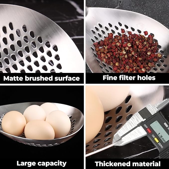 MARTE Skimmer Slotted Spoon -17in 304 Stainless Steel Pasta Spider Strainer Skimmer Ladle Spoon for Cooking and Frying - Large Kitchen Metal Scoop Colander Strainer Spoon with Black Wooden Handle